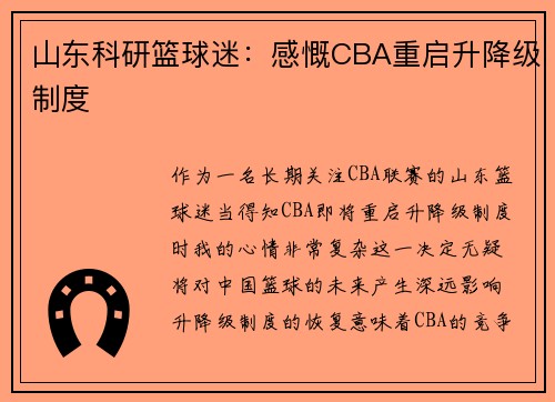 山东科研篮球迷：感慨CBA重启升降级制度